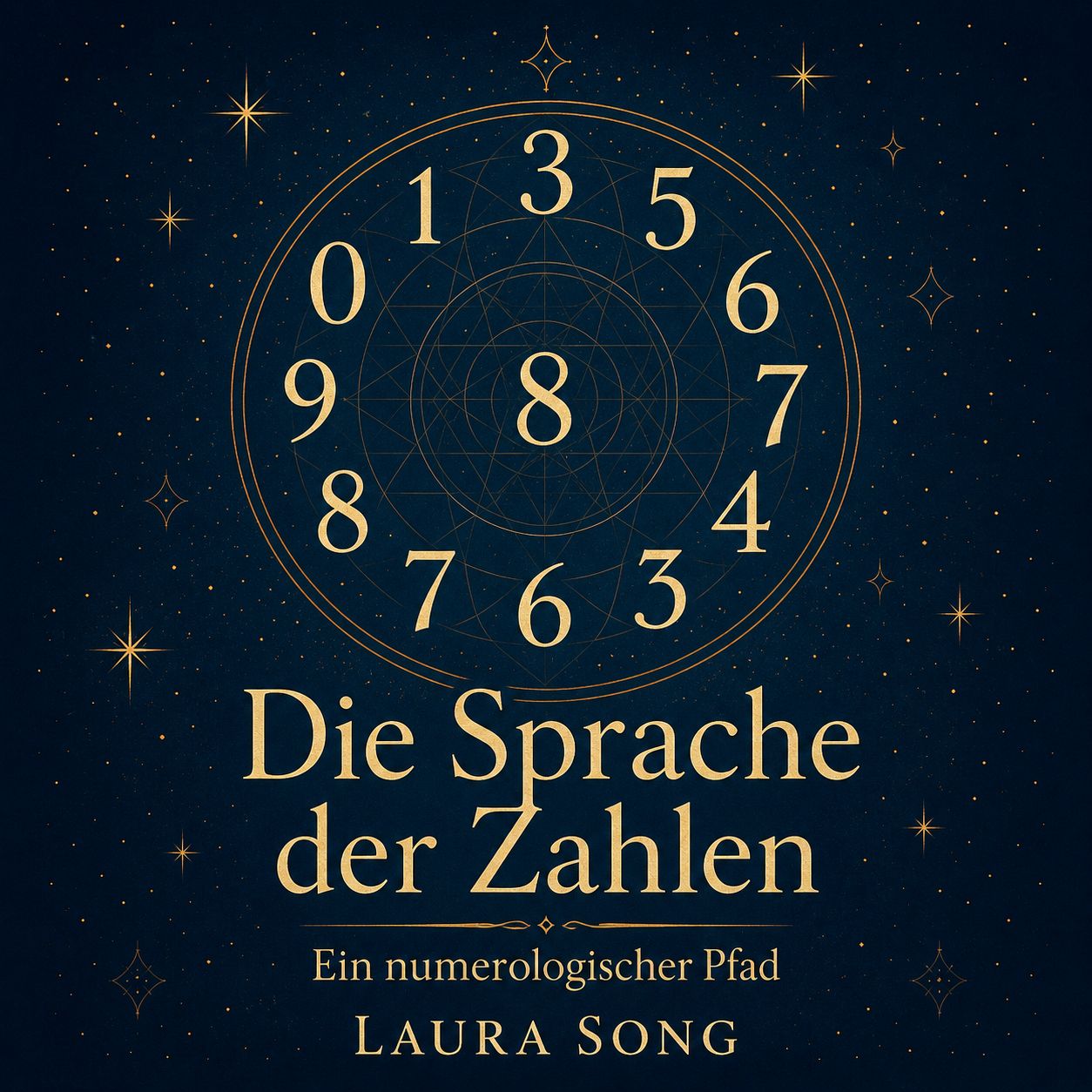 Goldene Zahlenkreise vor dunkelblauem Sternenhimmel zeigen den Titel Die Sprache der Zahlen und den Namen Laura Song in eleganter Typografie.