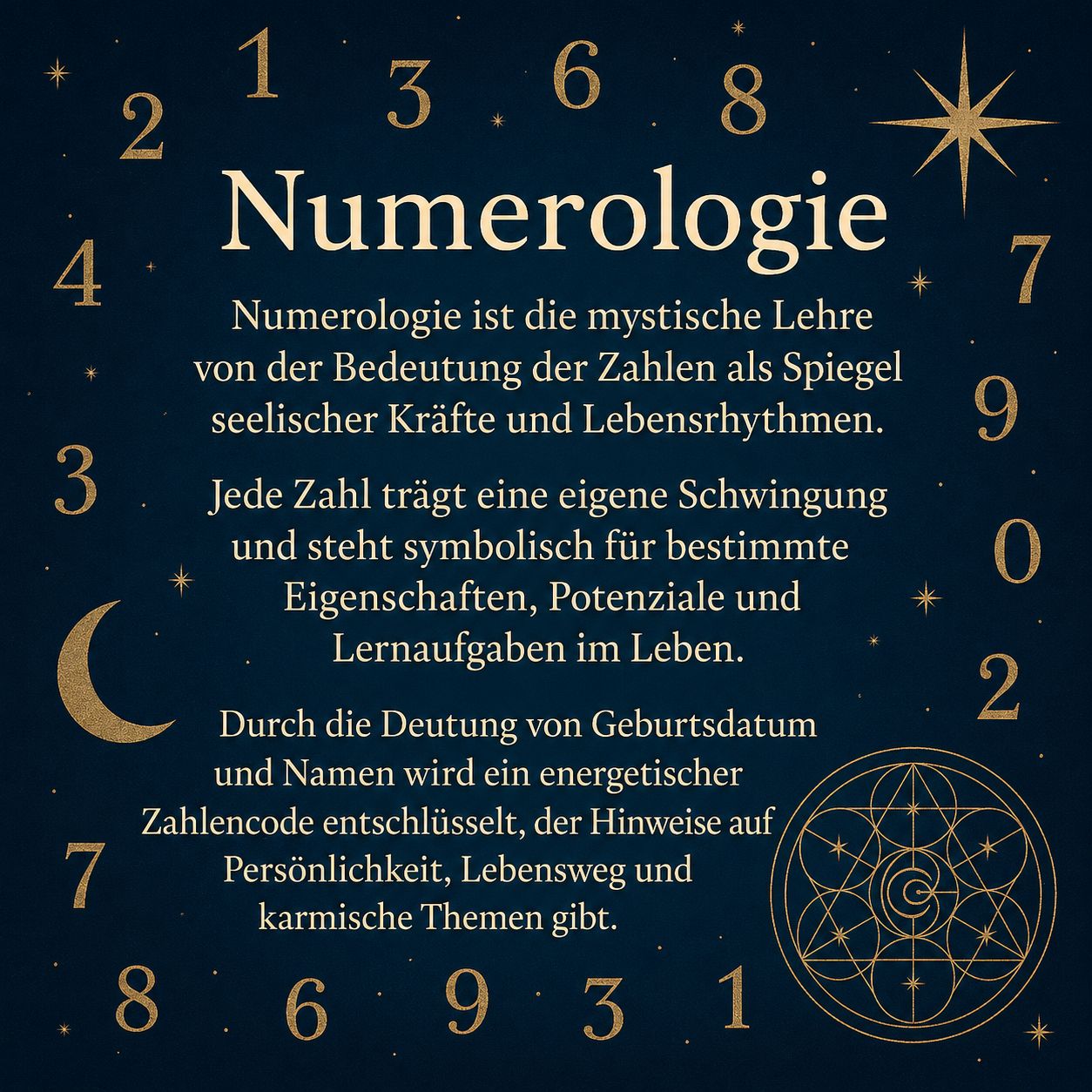 Numerologie erklärt die Bedeutung von Zahlen als Spiegel seelischer Kräfte und Lebensrhythmen sowie Hinweise auf Persönlichkeit und Lebensweg.