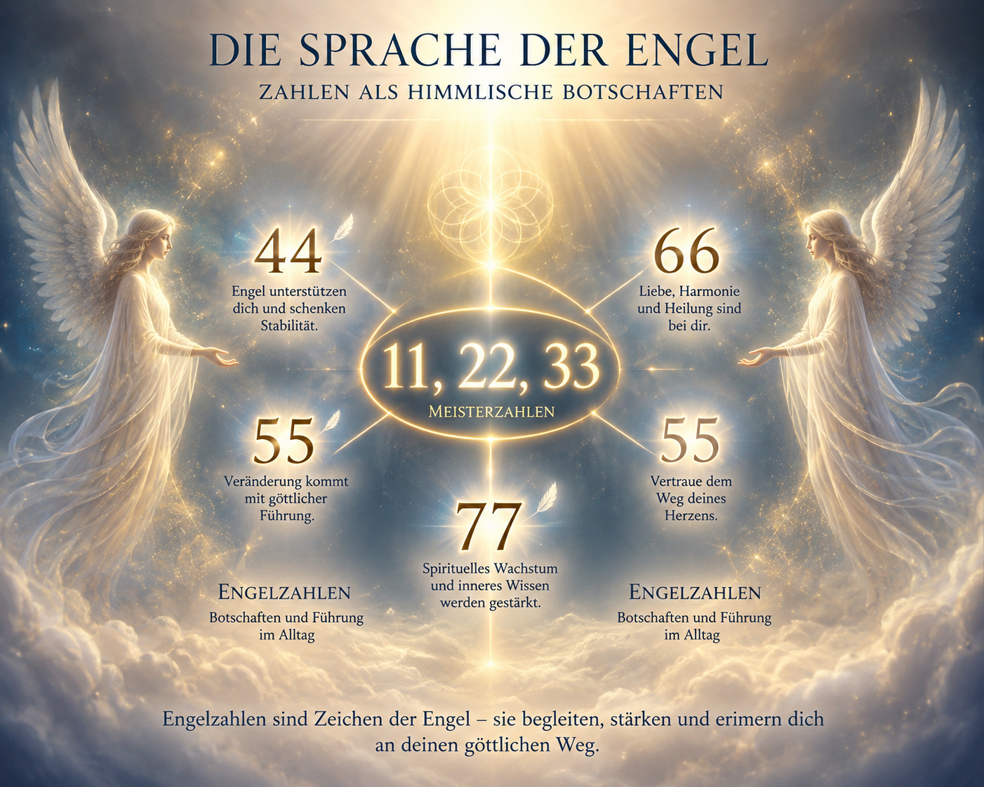 Zwei Engel umrahmen eine leuchtende Zahlengrafik mit 11, 22, 33 sowie 44, 55 und 77 unter dem Titel Die Sprache der Engel.