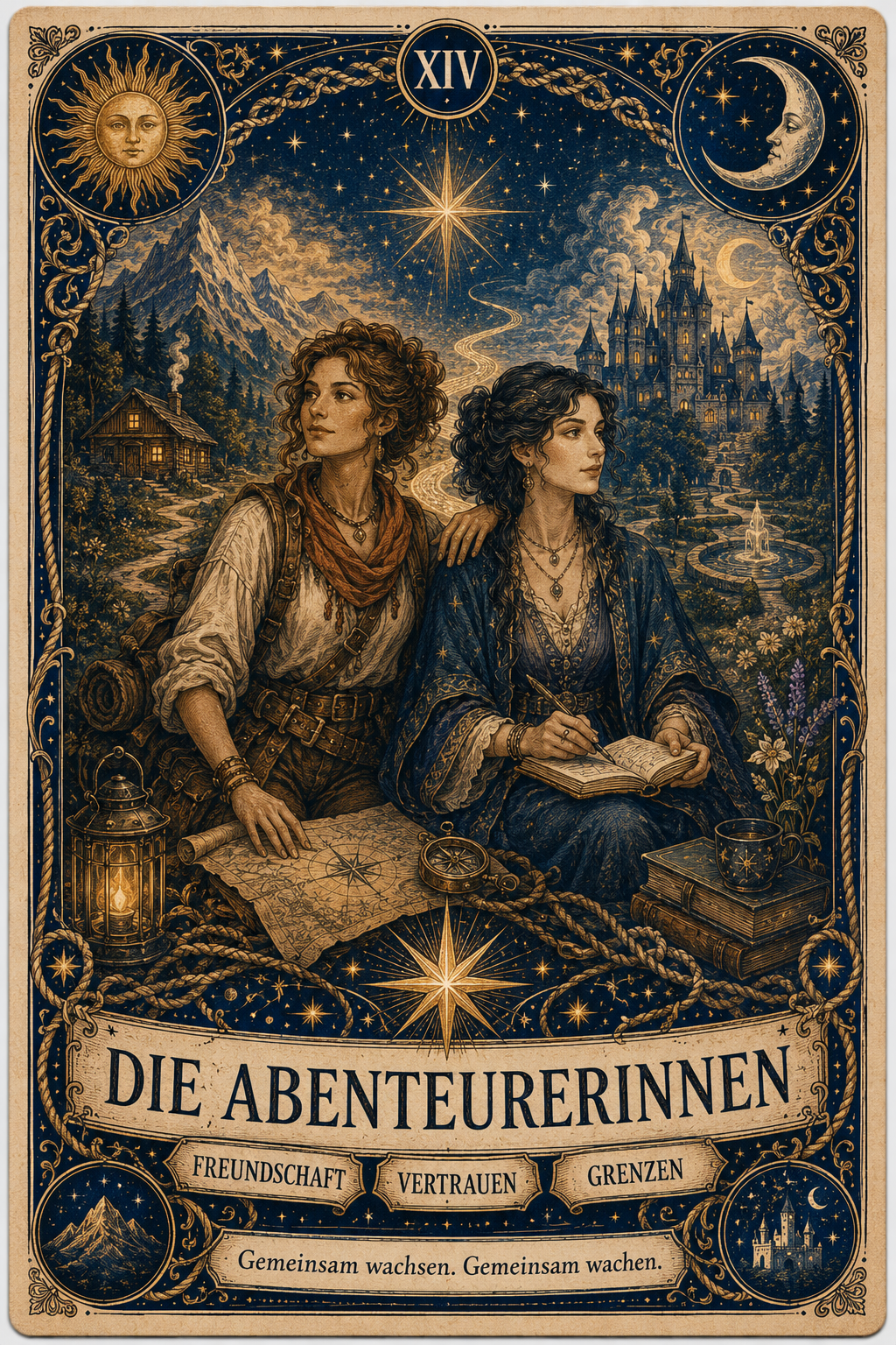 Zwei Frauen sitzen vor einer nächtlichen Berglandschaft mit Schloss, Sternen und dem Titel „Die Abenteurerinnen“.