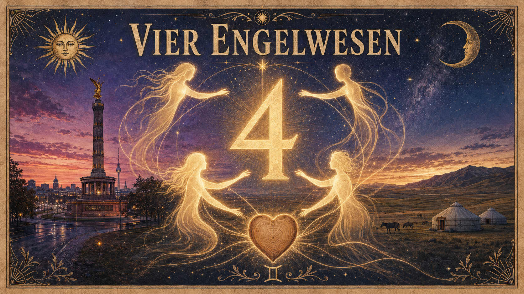 Vier leuchtende Engelgestalten umrahmen die goldene 4, dazu Herzsymbol, Sonne, Mond und eine Berliner Stadtsilhouette.